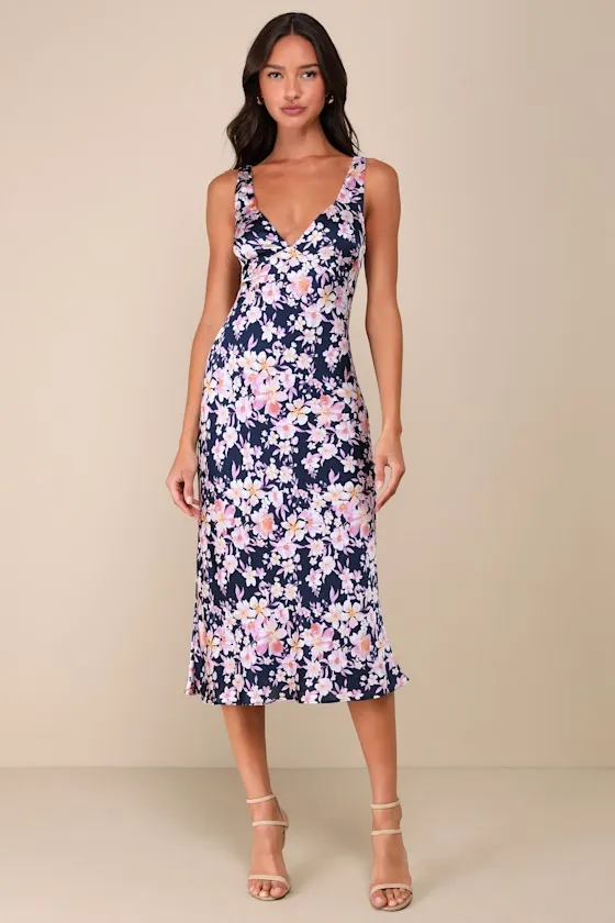 Admirable Charmer Navy Blue Floral Satin Tie-Back Midi Dress sold by Lulus