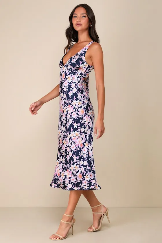 Admirable Charmer Navy Blue Floral Satin Tie-Back Midi Dress sold by Lulus product image thumbnail 2