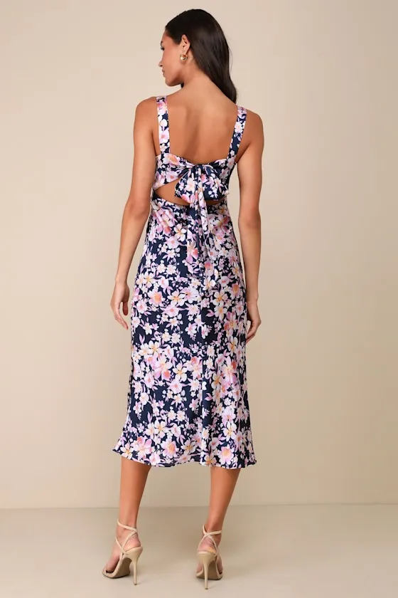 Admirable Charmer Navy Blue Floral Satin Tie-Back Midi Dress sold by Lulus product image thumbnail 3