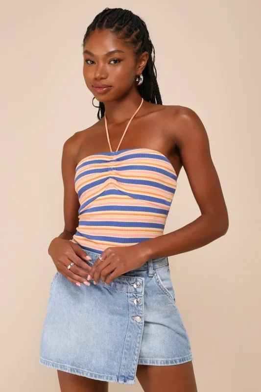 Easily Sunny Yellow Multi Striped Ribbed Knit Halter Bodysuit sold by Lulus