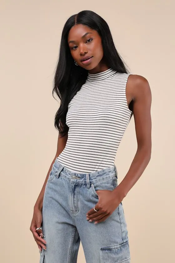 Elevated Selection Ivory Striped Mock Neck Sleeveless Bodysuit sold by Lulus