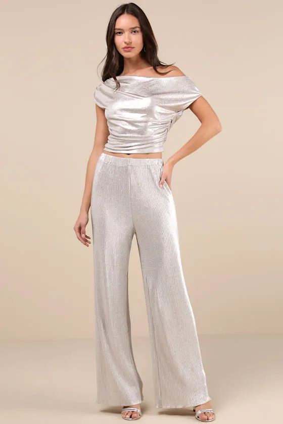 Spectacular Shimmer Champagne Lurex Plisse Wide-Leg Pants sold by Lulus