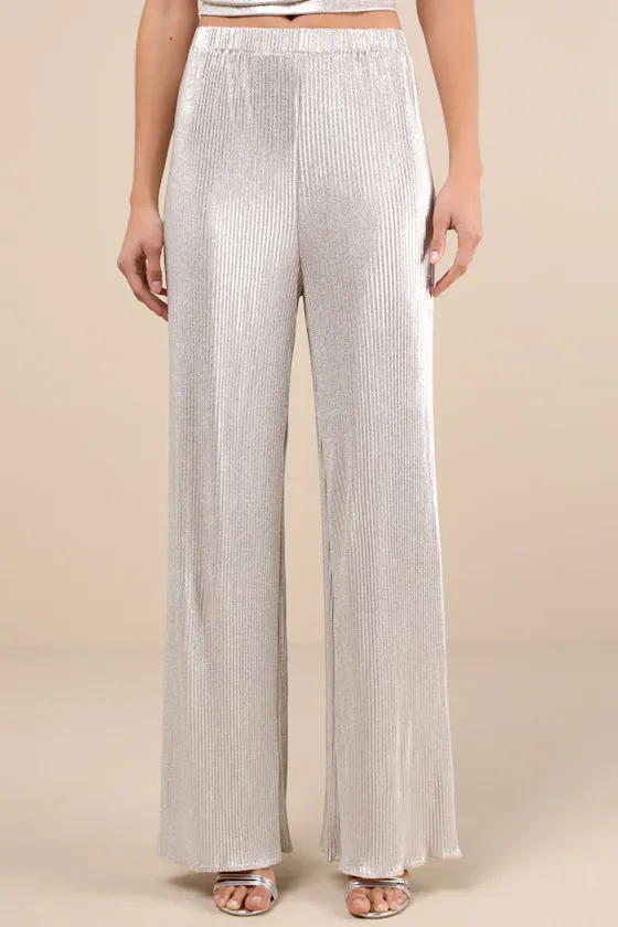Spectacular Shimmer Champagne Lurex Plisse Wide-Leg Pants sold by Lulus product image thumbnail 2