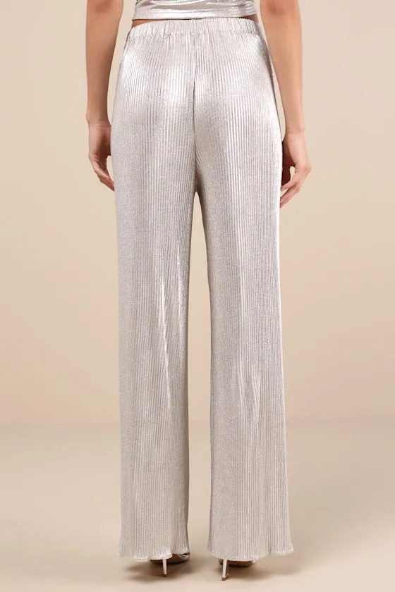 Spectacular Shimmer Champagne Lurex Plisse Wide-Leg Pants sold by Lulus product image thumbnail 3