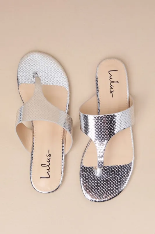 Mylee Silver Metallic Snake-Embossed Flat Thong Sandals sold by Lulus
