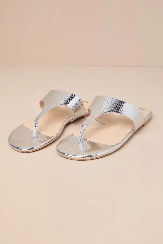 Mylee Silver Metallic Snake-Embossed Flat Thong Sandals sold by Lulus product image thumbnail 3