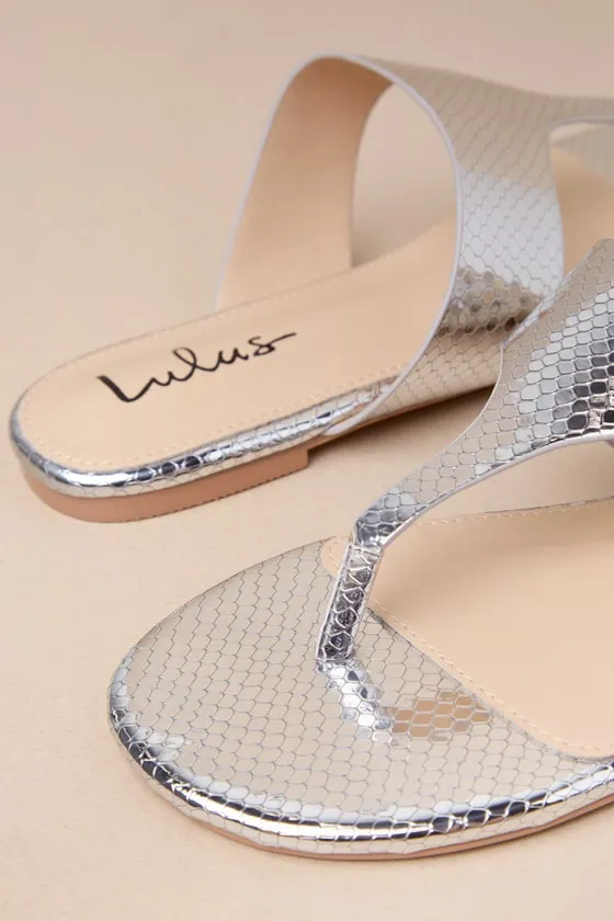 Mylee Silver Metallic Snake-Embossed Flat Thong Sandals sold by Lulus product image thumbnail 4