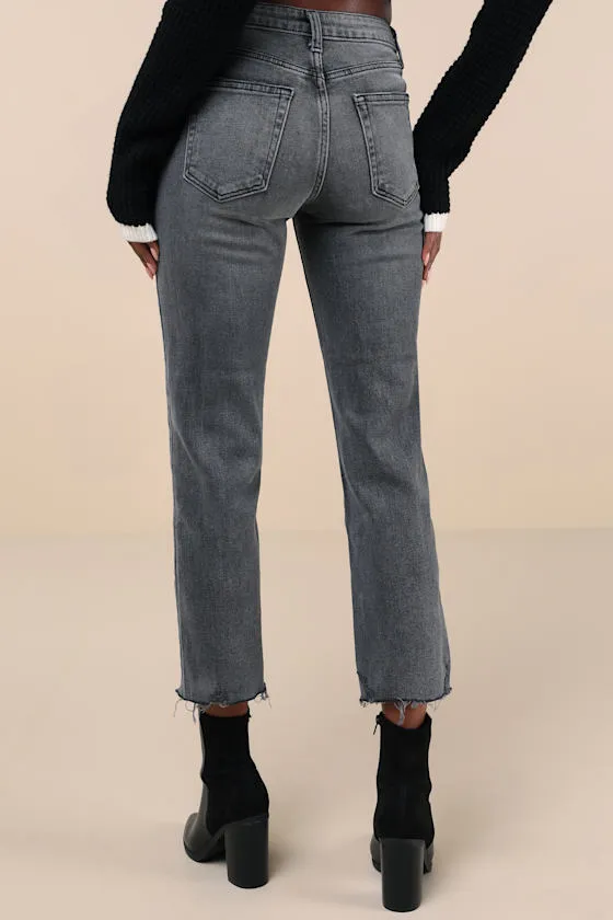 Ultimate Trend Grey Denim Cropped Raw Hem Straight-Leg Jeans sold by Lulus product image thumbnail 3