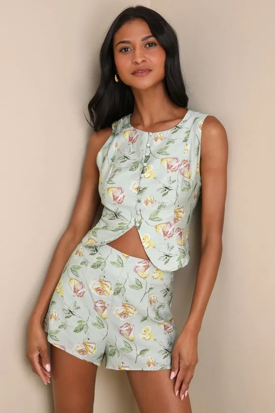 Noticeably Perfect Sage Green Floral High-Rise Shorts sold by Lulus