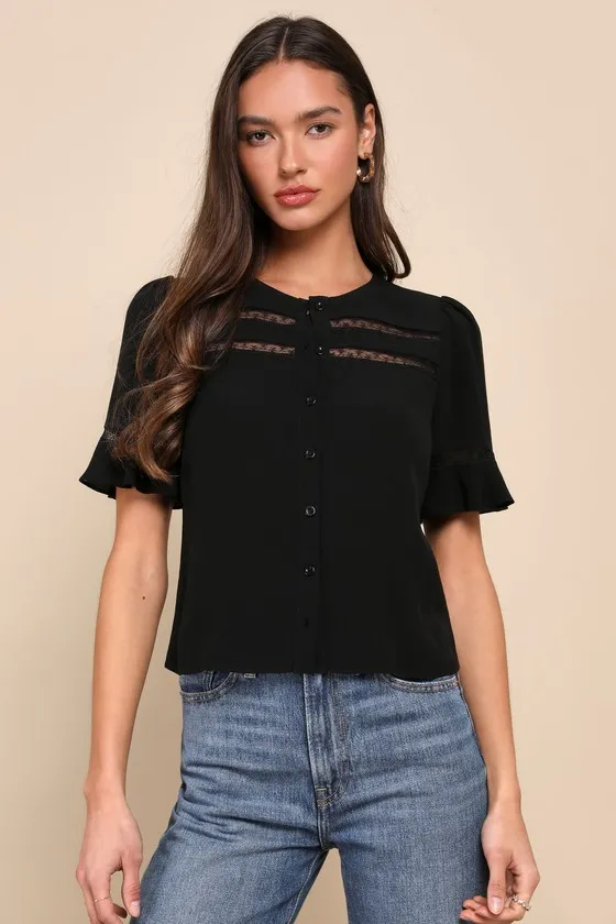 Remarkably Charismatic Black Lace Short Sleeve Button-Up Top sold by Lulus