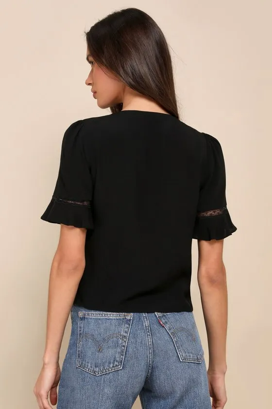 Remarkably Charismatic Black Lace Short Sleeve Button-Up Top sold by Lulus product image thumbnail 3