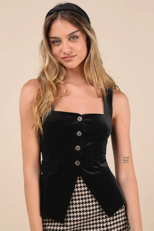 Significantly Chic Black Velvet Button-Front Sleeveless Vest Top sold by Lulus