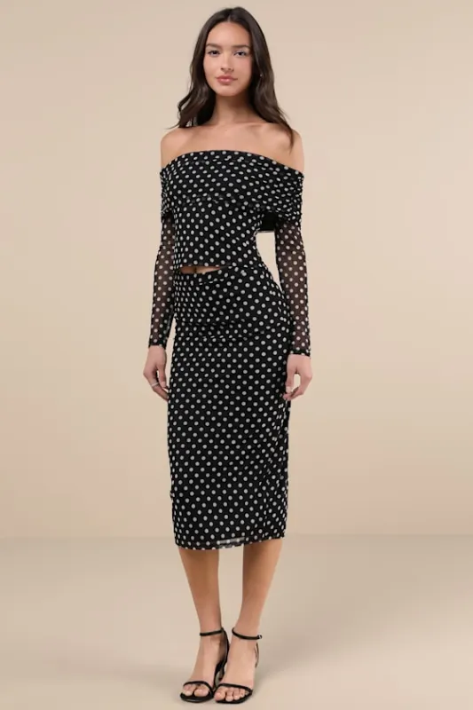 Notoriously Cute Black Polka Dot Mesh Midi Skirt sold by Lulus