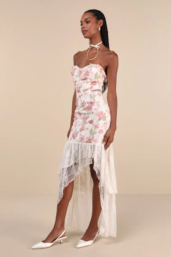 Prettiest Entrance Blush Pink Floral Lace Strapless Maxi Dress sold by Lulus