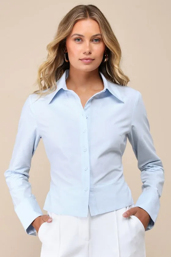 Majorly Charming Light Blue Collared Button-Up Tie-Back Top sold by Lulus