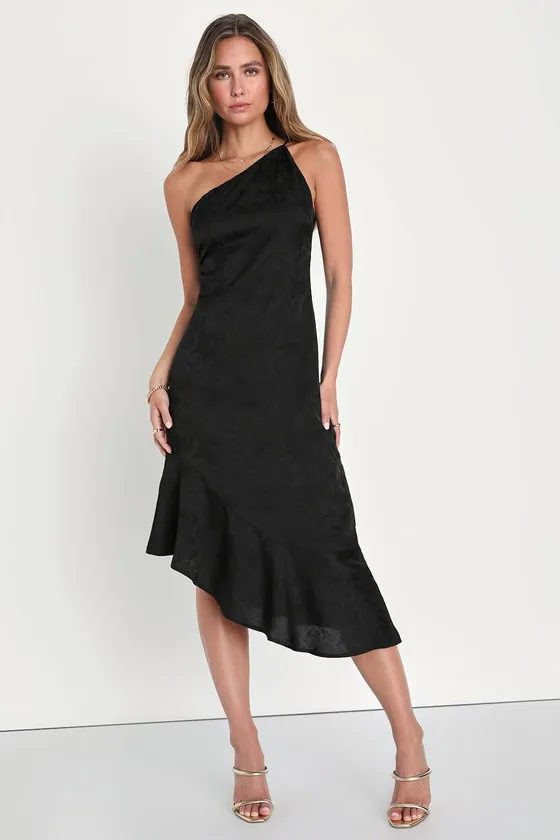 Sweet and Stylish Black Floral Jacquard One-Shoulder Midi Dress sold by Lulus