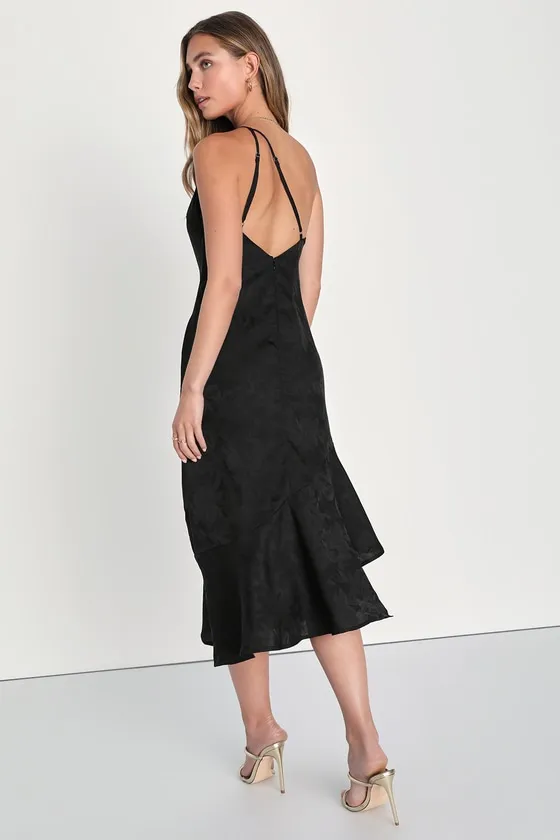 Sweet and Stylish Black Floral Jacquard One-Shoulder Midi Dress sold by Lulus product image thumbnail 2