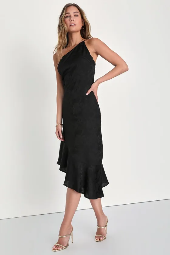Sweet and Stylish Black Floral Jacquard One-Shoulder Midi Dress sold by Lulus product image thumbnail 4