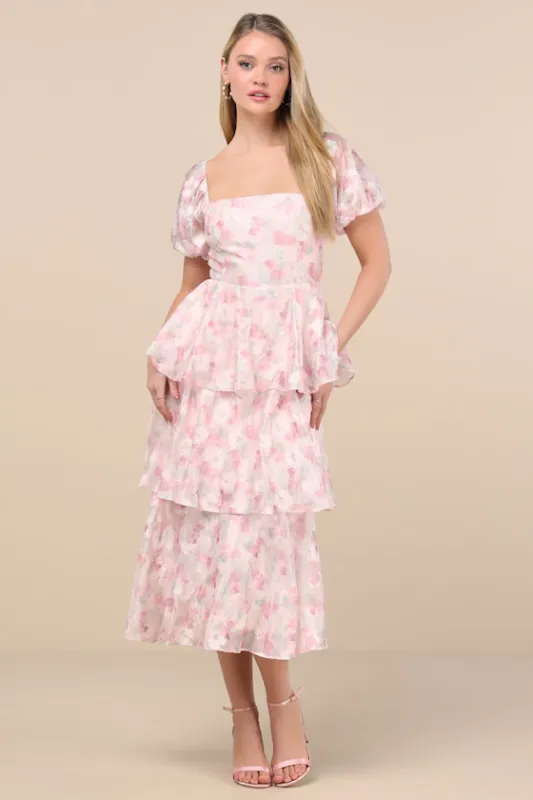 Serah Blush Floral Organza Tiered Midi Dress sold by Lulus