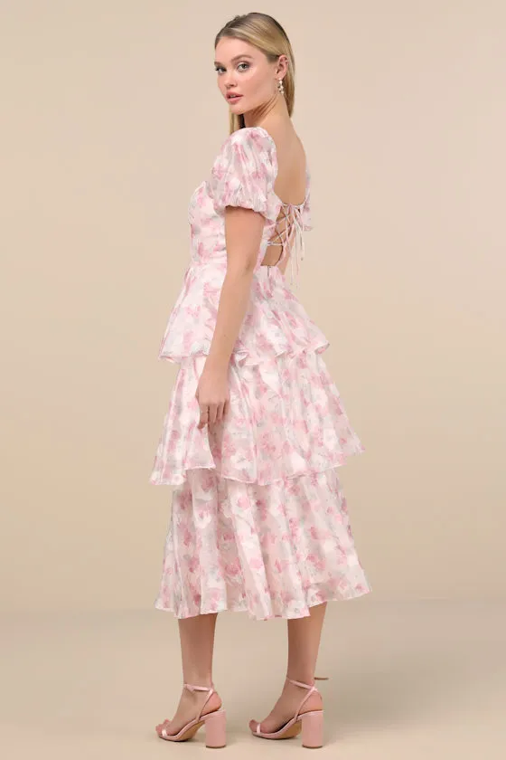 Serah Blush Floral Organza Tiered Midi Dress sold by Lulus product image thumbnail 3