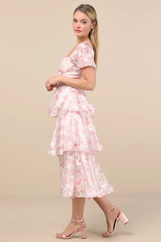 Serah Blush Floral Organza Tiered Midi Dress sold by Lulus product image thumbnail 4