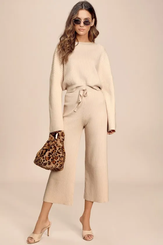 Snuggly Style Cream Ribbed Knit Wide-Leg Pants sold by Lulus