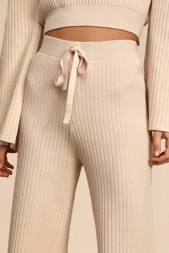 Snuggly Style Cream Ribbed Knit Wide-Leg Pants sold by Lulus product image thumbnail 4