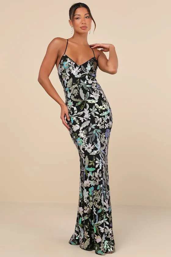 Glittering Icon Black Iridescent Sequin Lace-Up Maxi Dress sold by Lulus