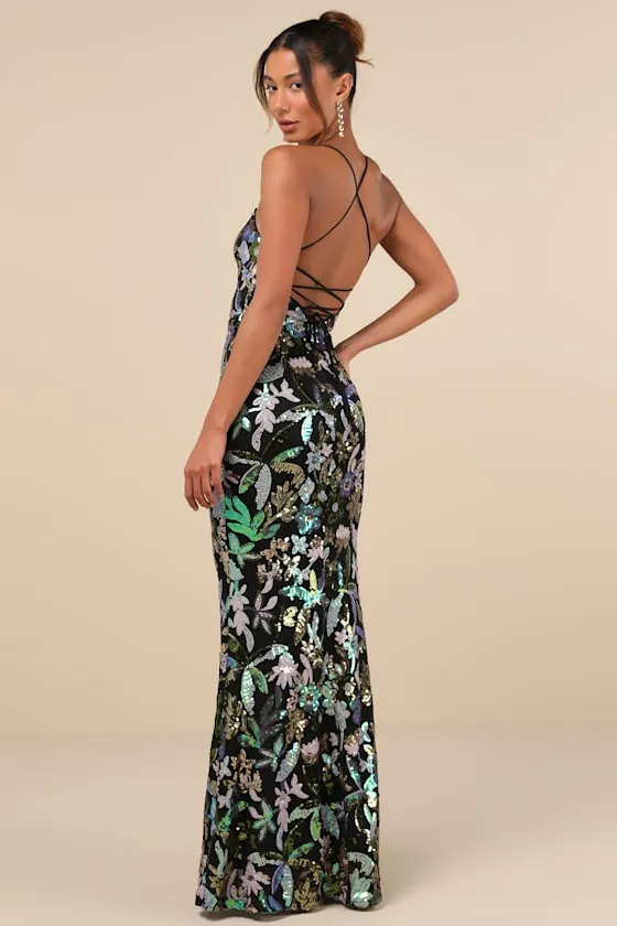 Glittering Icon Black Iridescent Sequin Lace-Up Maxi Dress sold by Lulus product image thumbnail 3