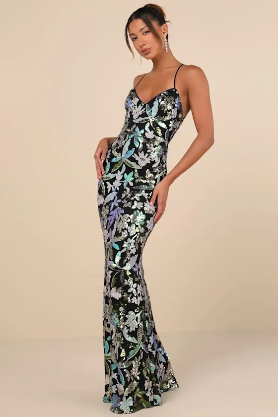 Glittering Icon Black Iridescent Sequin Lace-Up Maxi Dress sold by Lulus product image thumbnail 4