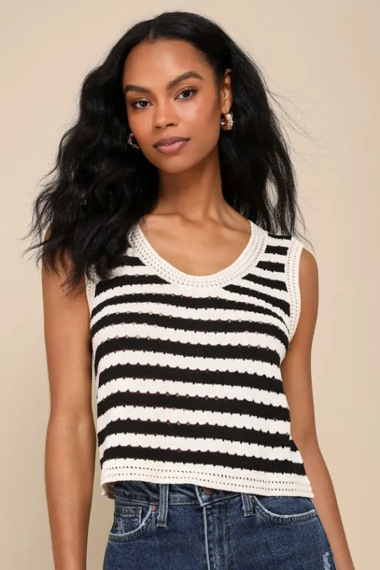Breezy Perspective Beige and Black Striped Crochet Tank Top sold by Lulus