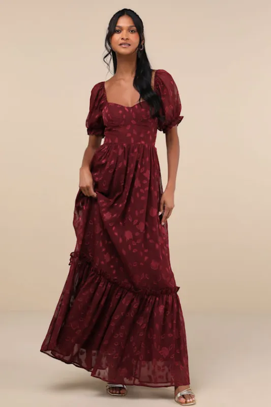 Phenomenal Sweetness Burgundy Floral Burnout Bustier Maxi Dress sold by Lulus