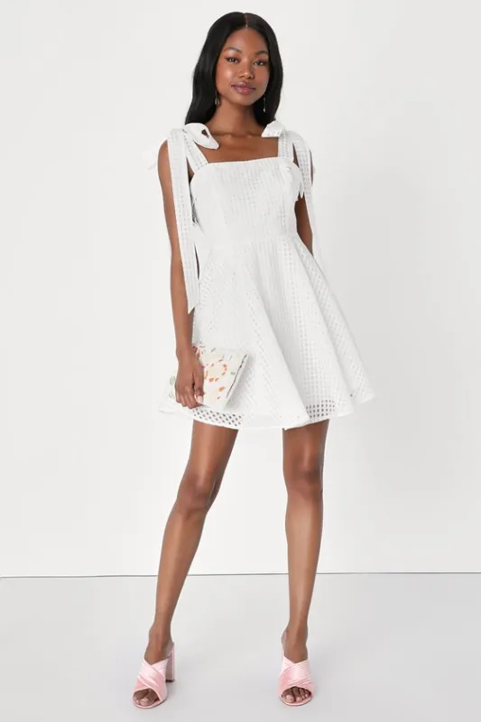 Forever Darling White Gingham Burnout Tie-Strap Mini Dress sold by Lulus