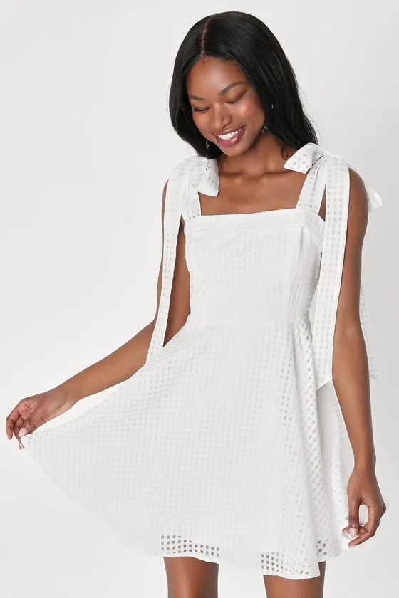 Forever Darling White Gingham Burnout Tie-Strap Mini Dress sold by Lulus product image thumbnail 2