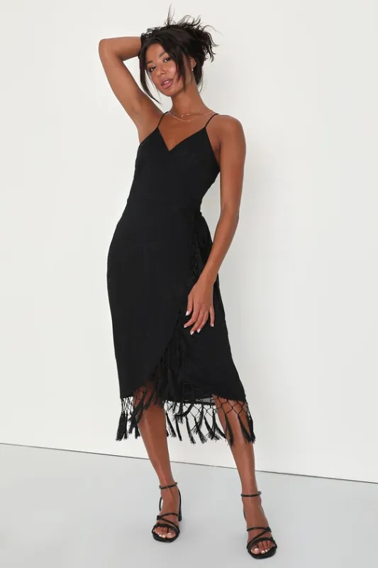 Fun Affair Black Floral Embroidered Tassel Midi Wrap Dress sold by Lulus