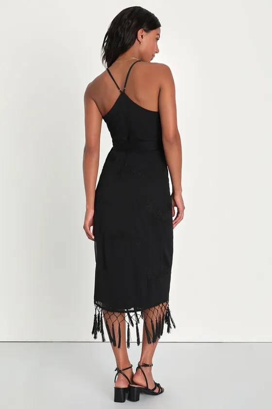 Fun Affair Black Floral Embroidered Tassel Midi Wrap Dress sold by Lulus product image thumbnail 4