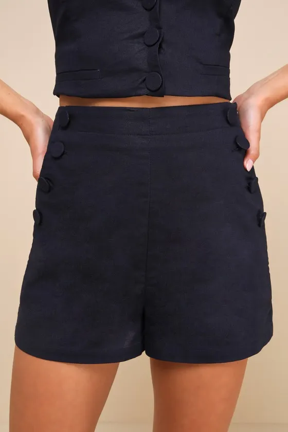 Poised Picture Navy Blue Linen Side-Button High-Rise Shorts sold by Lulus product image thumbnail 2