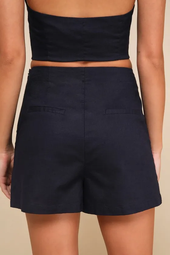 Poised Picture Navy Blue Linen Side-Button High-Rise Shorts sold by Lulus product image thumbnail 3
