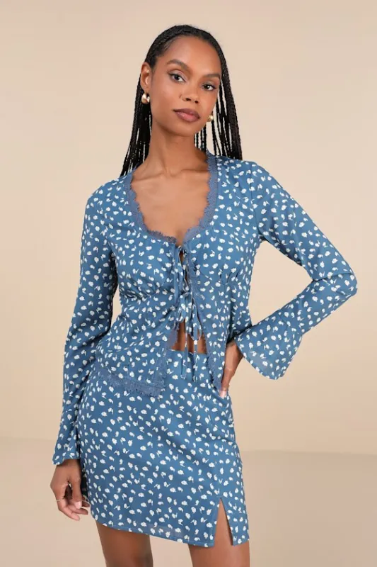 Adorable Composure Blue Floral Lace Tie-Front Long Sleeve Top sold by Lulus