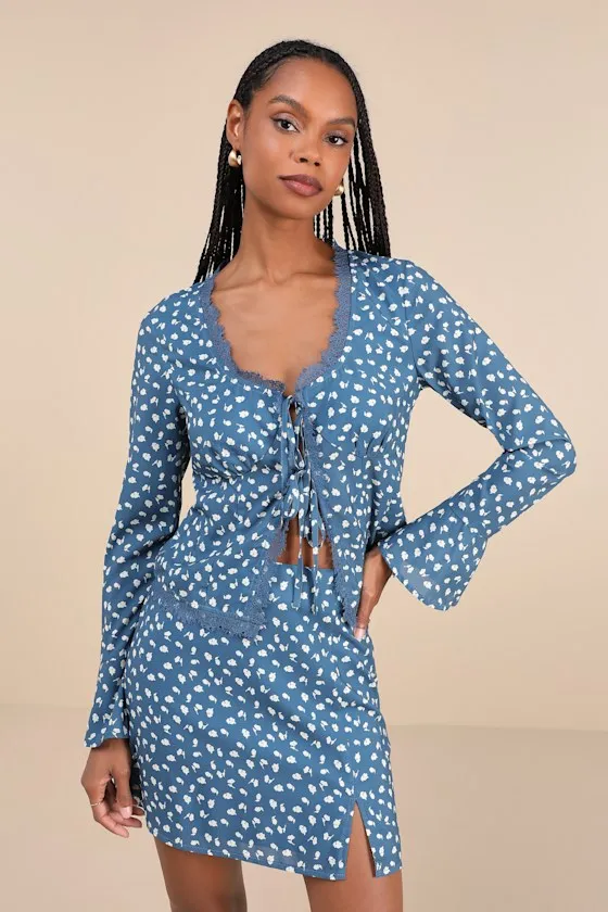 Adorable Composure Blue Floral Lace Tie-Front Long Sleeve Top sold by Lulus