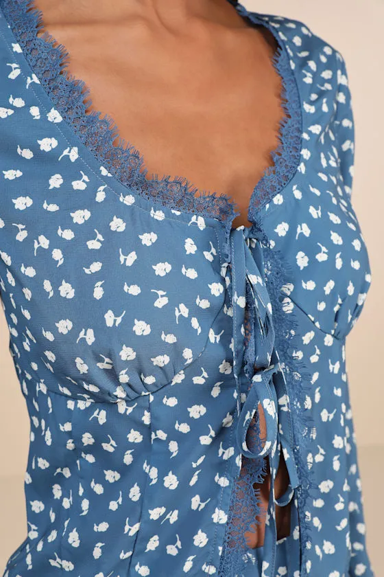 Adorable Composure Blue Floral Lace Tie-Front Long Sleeve Top sold by Lulus product image thumbnail 4