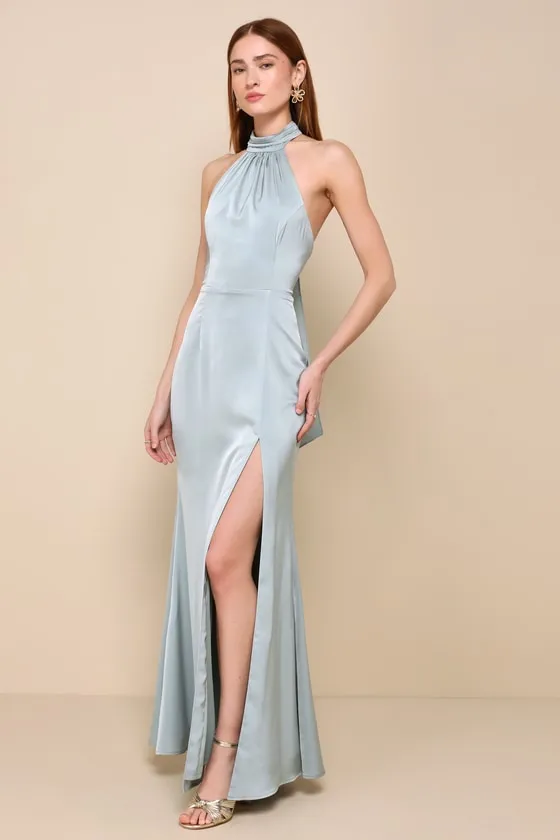 Pristine Charisma Sage Green Satin Backless Halter Maxi Dress sold by Lulus