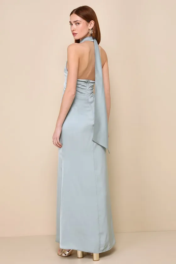 Pristine Charisma Sage Green Satin Backless Halter Maxi Dress sold by Lulus product image thumbnail 2