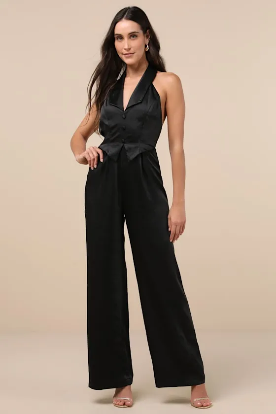 Sensationally Sophisticated Black Satin Halter Vest Jumpsuit sold by Lulus