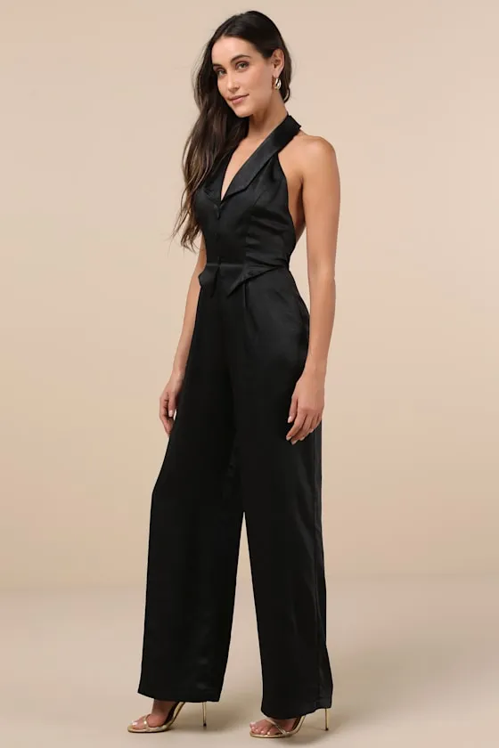 Sensationally Sophisticated Black Satin Halter Vest Jumpsuit sold by Lulus product image thumbnail 3