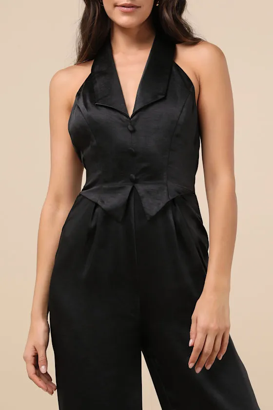 Sensationally Sophisticated Black Satin Halter Vest Jumpsuit sold by Lulus product image thumbnail 4