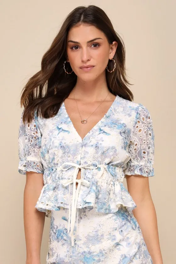 Positively Beloved Ivory Floral Embroidered Tie-Front Top sold by Lulus