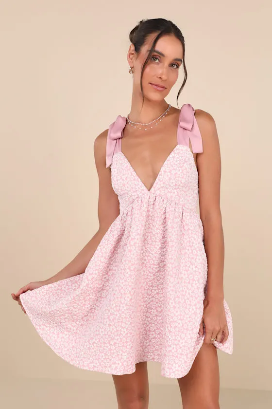 Darling Composure Pink Jacquard Floral Tie-Strap Mini Dress sold by Lulus