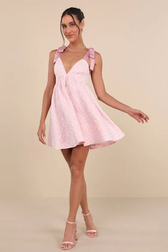 Darling Composure Pink Jacquard Floral Tie-Strap Mini Dress sold by Lulus product image thumbnail 3