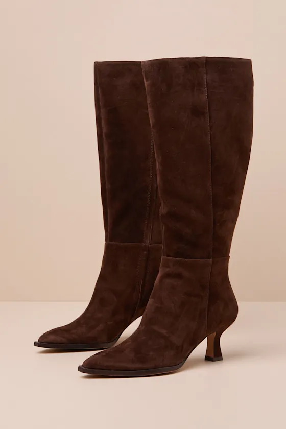 Auggie Wide Calf Dark Brown Suede Pointed-Toe Knee-High Boots sold by Lulus product image thumbnail 2